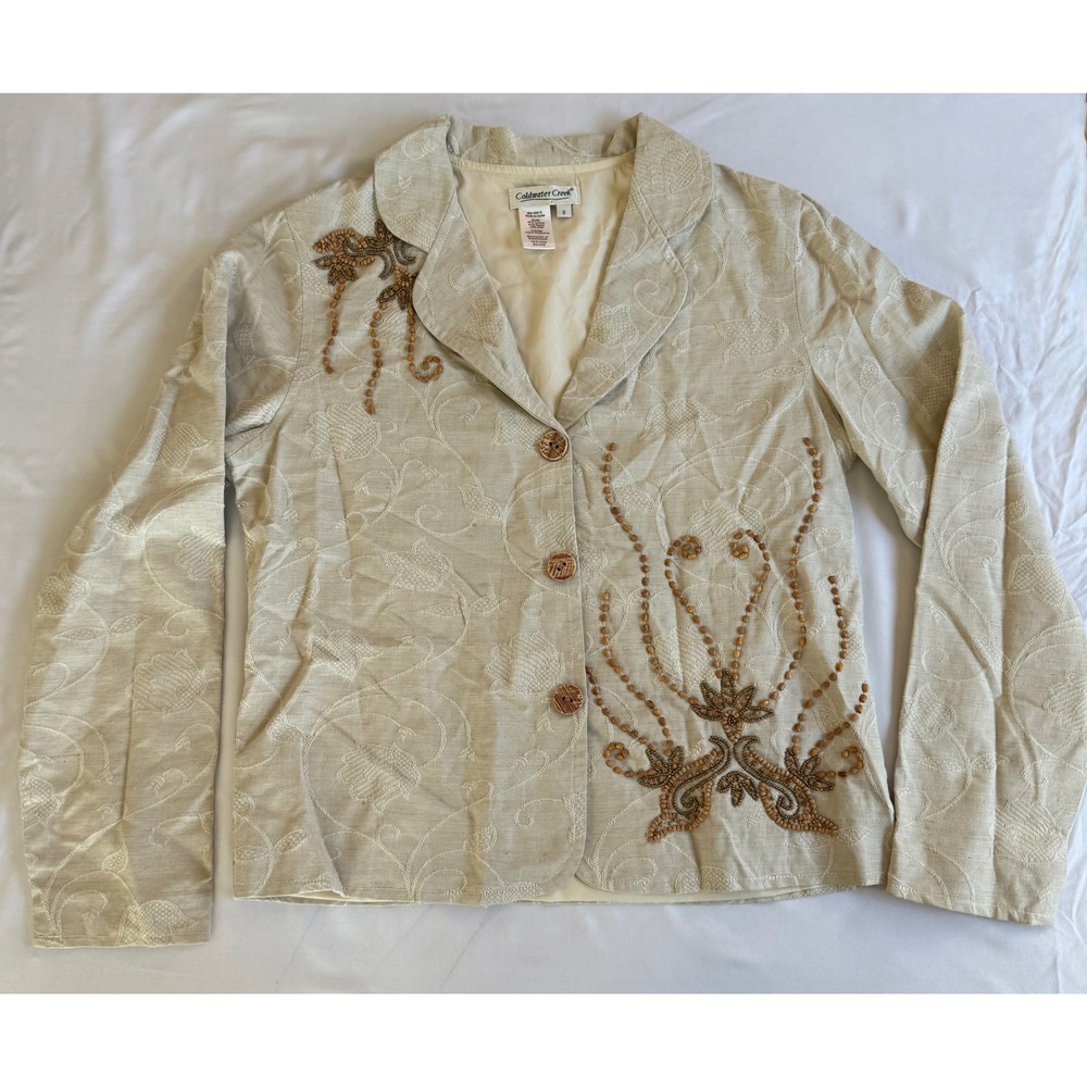Coldwater Creek Blazer S Beige Embroidered Beaded Boho Vintage Jacket